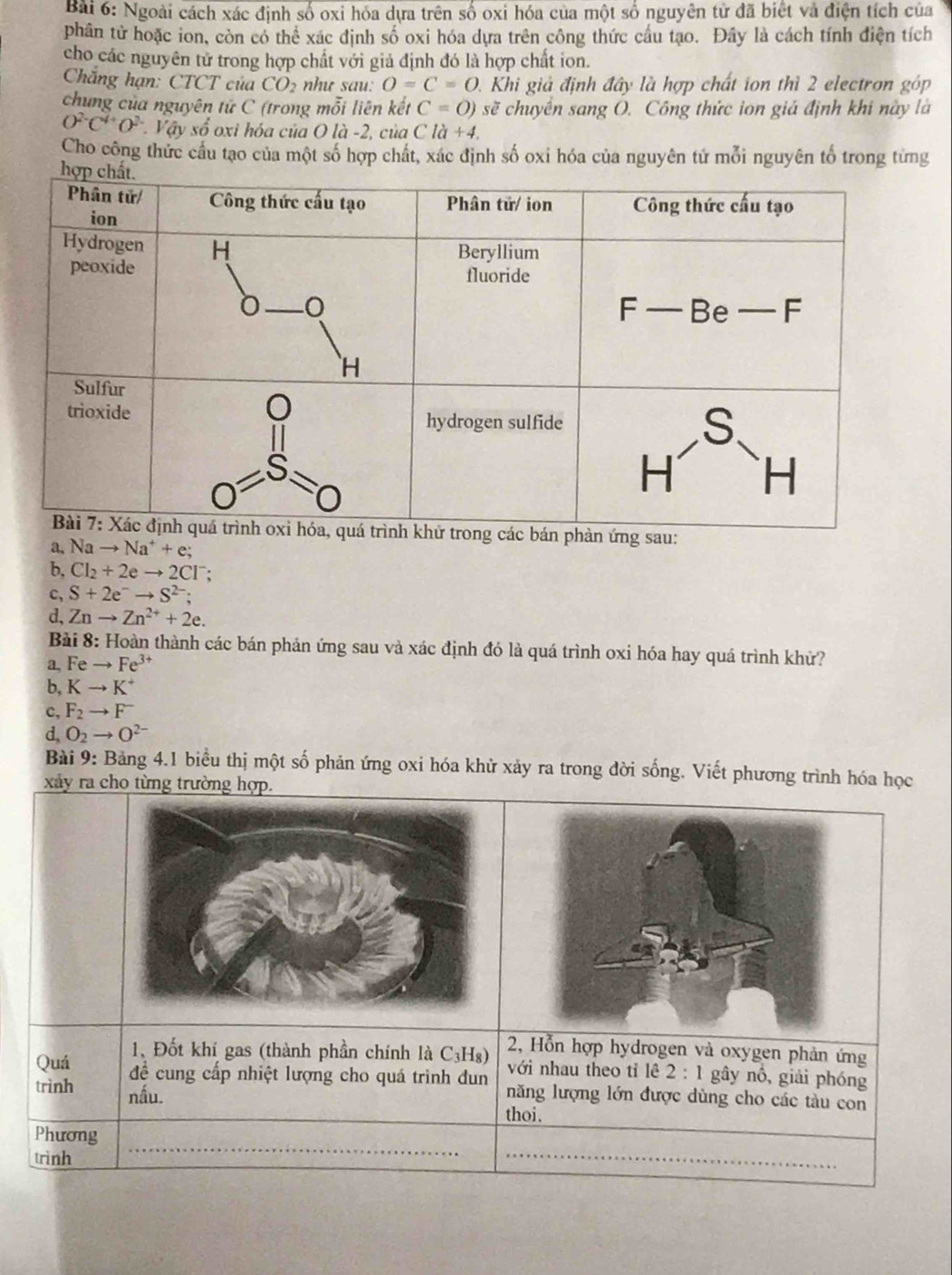 Ngoài cách xác định số oxi hóa dựa trên số oxi hóa của một số nguyên tử đã biết và điện tích của
phân tử hoặc ion, còn có thể xác định số oxi hóa dựa trên công thức cầu tạo. Đây là cách tính điện tích
cho các nguyên tử trong hợp chất với giả định đó là hợp chất ion.
Chăng hạn: CTCT của CO_2 như sau: O=C=O 1. Khi giả định đây là hợp chất ion thì 2 electron góp
chung của nguyên tử C (trong mỗi liên kết C=0) sẽ chuyền sang O. Công thức ion giá định khi này là
O^(2-)C^(4+)O^(2-).Vayso^2 oxi hóa của O là -2, của Cla+4.
Cho công thức cầu tạo của một số hợp chất, xác định số oxi hóa của nguyên tử mỗi nguyên tổ trong từng
a, Nato Na^++e;
b, Cl_2+2eto 2Cl^-;
c, S+2e^-to S^(2-);
d, Znto Zn^(2+)+2e.
Bài 8: Hoàn thành các bán phản ứng sau và xác định đó là quá trình oxi hóa hay quá trình khử?
a, Feto Fe^(3+)
b, Kto K^+
c, F_2to F^-
d. O_2to O^(2-)
Bài 9: Bảng 4.1 biểu thị một số phản ứng oxi hóa khử xảy ra trong đời sống. Viết phương trình hóa học
xảy ra cho từng trường hợp.
2, Hỗn hợp hydrogen và oxygen phản ứng
1、 Đốt khí gas (thành phần chính là C_3H_8) với nhau theo tỉ lê 2 : 1 gây nổ, giải phóng
Quá để cung cấp nhiệt lượng cho quá trình dun năng lượng lớn được dùng cho các tàu con
trình nấu.
thoi.
_
_
Phương
trình