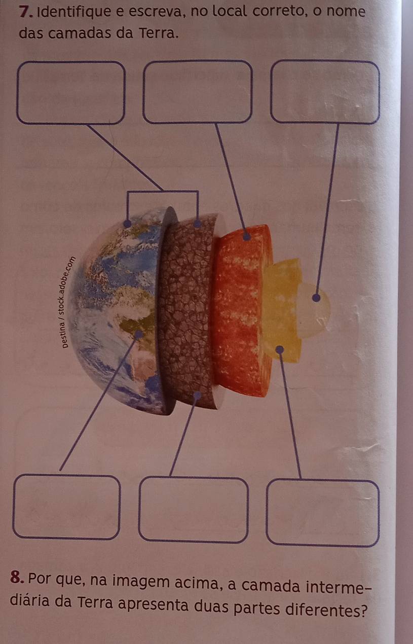 Identifique e escreva, no local correto, o nome 
das camadas da Terra. 
8. Por que, na imagem acima, a camada interme- 
diária da Terra apresenta duas partes diferentes?