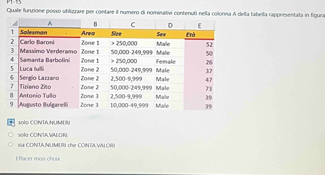 P1-15
Quale funzione posso utilizzare per contare il numero di nominativi contenuti nella colonna A della tabella rappresentata in figura
solo CONTA.NUMERI
solo CONTA.VALORI
sia CONTA.NUMERI che CONTA.VALORI
Effacer mon choix