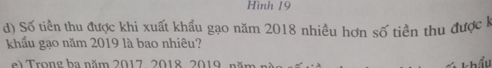 Hình 19 
d) Số tiền thu được khi xuất khẩu gạo năm 2018 nhiều hơn số tiền thu được k 
khẩu gạo năm 2019 là bao nhiêu? 
e) Trong ba năm 2017, 2018, 2019, năm hầu