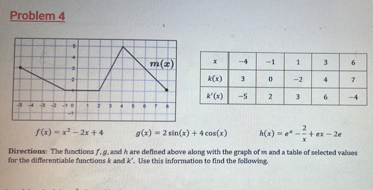 Problem 4
f(x)=x^2-2x+4 g(x)=2sin (x)+4cos (x) h(x)=e^x- 2/x +ex-2e
Directions: The functions f , g, and h are defined above along with the graph of m and a table of selected values
for the differentiable functions k and k'. Use this information to find the following.