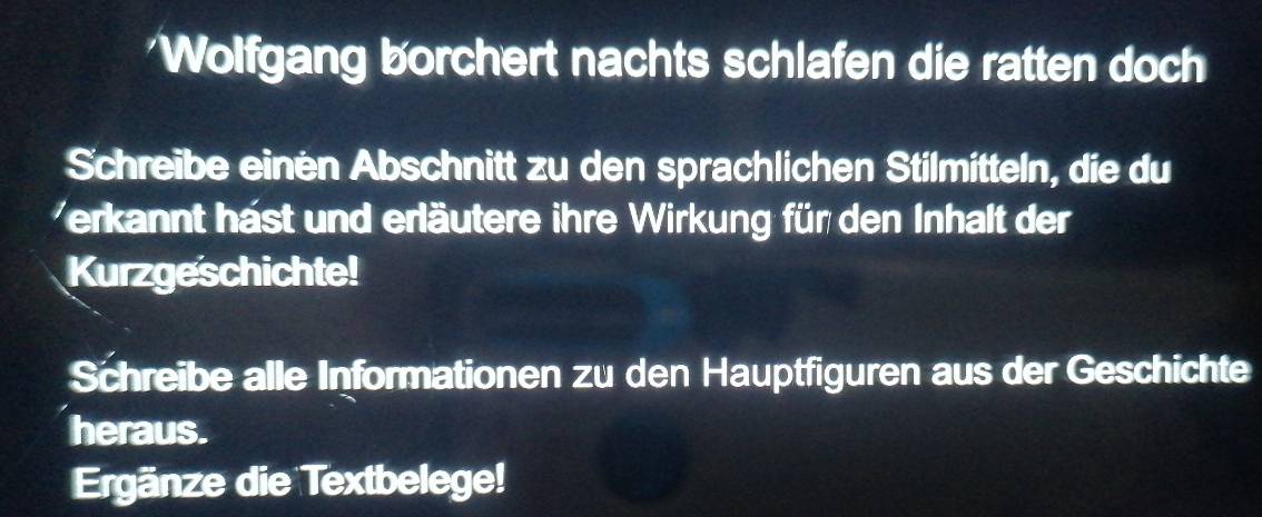 Wolfgang borchert nachts schlafen die ratten doch 
Schreibe einen Abschnitt zu den sprachlichen Stilmitteln, die du 
Verkannt hast und erläutere ihre Wirkung für den Inhalt der 
Kurzgeschichte! 
Schreibe alle Informationen zu den Hauptfiguren aus der Geschichte 
heraus. 
Ergänze die Textbelege!