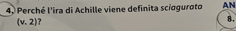 Perché l’ira di Achille viene definita sciagurata AN
(v.2) ? 
8.