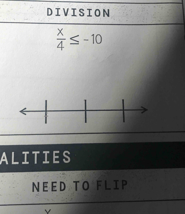 DIVISION
 x/4 ≤ -10
ALITIES 
NEED TO FLIP
Y