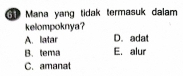 Mana yang tidak termasuk dalam
kelompoknya?
A. latar D. adat
B. tema E. alur
C. amanat