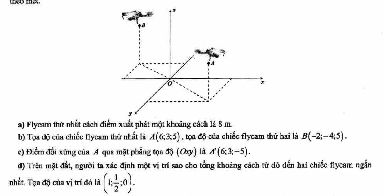 theo met. 
a) Flycam thứ nhất cách điểm xuất phát một khoảng cách là 8 m. 
b) Tọa độ của chiếc flycam thứ nhất là A(6;3;5) , tọa độ của chiếc flycam thứ hai là B(-2;-4;5). 
c) Điểm đối xứng của A qua mặt phẳng tọa độ (Oxy) là A'(6;3;-5). 
d) Trên mặt đất, người ta xác định một vị trí sao cho tổng khoảng cách từ đó đến hai chiếc flycam ngắn 
nhất. Tọa độ của vị trí đó là (1; 1/2 ;0).