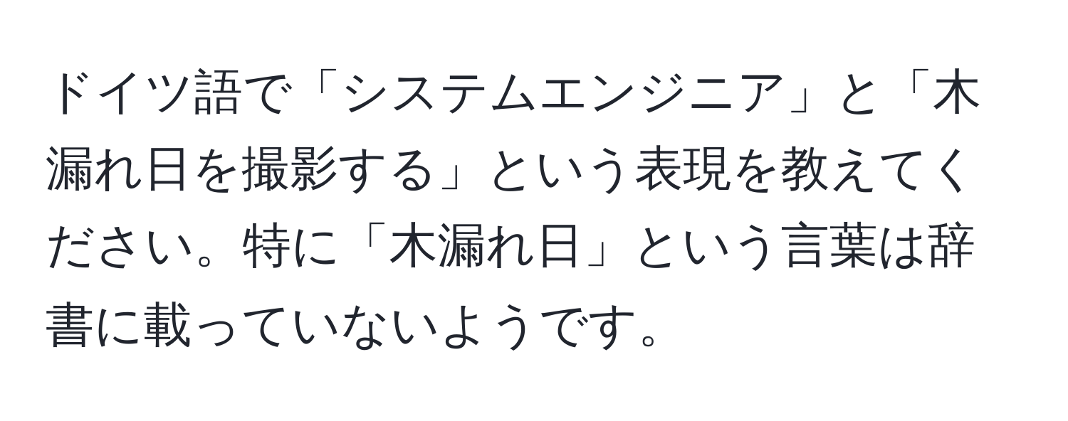 ドイツ語で「システムエンジニア」と「木漏れ日を撮影する」という表現を教えてください。特に「木漏れ日」という言葉は辞書に載っていないようです。