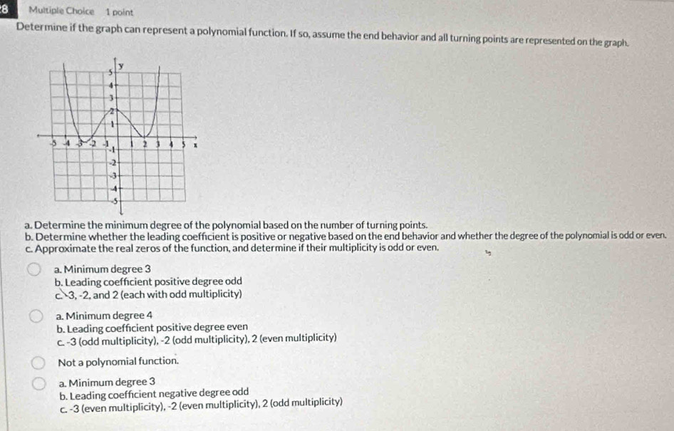 Determine if the graph can represent a polynomial function. If so, assume the end behavior and all turning points are represented on the graph.
a. Determine the minimum degree of the polynomial based on the number of turning points.
b. Determine whether the leading coefficient is positive or negative based on the end behavior and whether the degree of the polynomial is odd or even.
c. Approximate the real zeros of the function, and determine if their multiplicity is odd or even.
a. Minimum degree 3
b. Leading coeffcient positive degree odd
c. 3, -2, and 2 (each with odd multiplicity)
a. Minimum degree 4
b. Leading coefficient positive degree even
c. -3 (odd multiplicity), -2 (odd multiplicity), 2 (even multiplicity)
Not a polynomial function.
a. Minimum degree 3
b. Leading coefficient negative degree odd
c. -3 (even multiplicity), -2 (even multiplicity), 2 (odd multiplicity)