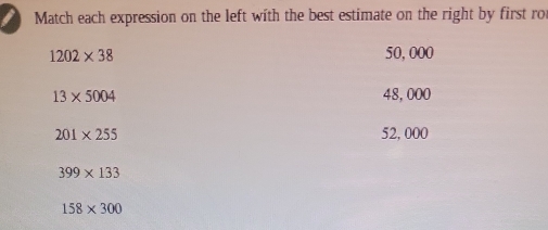 Match each expression on the left with the best estimate on the right by first rot
1202* 38 50, 000
13* 5004 48, 000
201* 255 52, 000
399* 133
158* 300