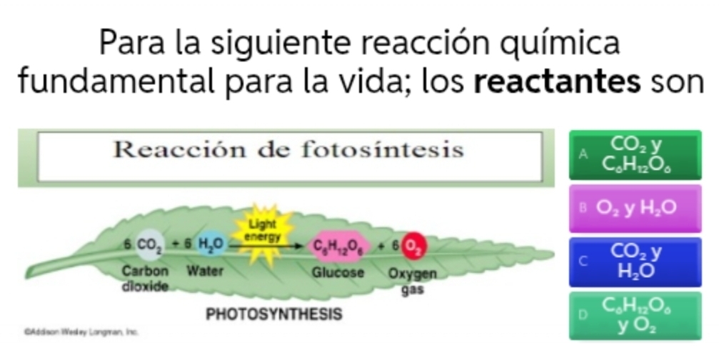 Para la siguiente reacción química
fundamental para la vida; los reactantes son
Reacción de fotosíntesis
A beginarrayr CO_2y C_6H_12O_6endarray
B O_2 y H_2O
Light
6 CO_2+6H_2O energy
C_6H_12O_6+6O_2
C CO_2y
Carbon Water Glucose Oxygen H_2O
dioxide
gas 
PHOTOSYNTHESIS D C_6H_12O_6
CAddson Wesley Longman, inc
□  yO_2