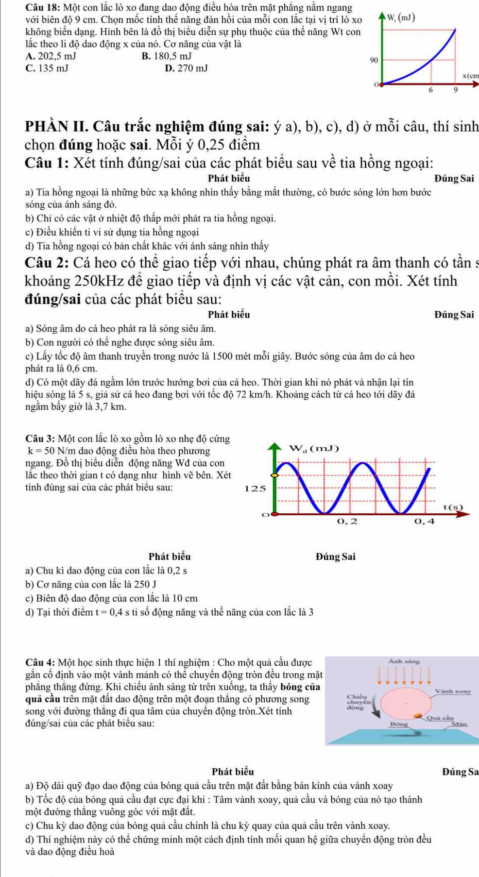 Một con lắc lò xo đang dao động điều hòa trên mặt phẳng nằm ngang
với biên độ 9 cm. Chọn mốc tính thế năng đàn hồi của mỗi con lắc tại vị trí lò xo
không biển dạng. Hình bên là đồ thị biểu diễn sự phụ thuộc của thể năng Wt con
lắc theo li độ dao động x của nó. Cơ năng của vật là
A. 202,5 mJ B. 180,5 mJ
C. 135 mJ D. 270 mJ
x(cm
PHẢN II. Câu trắc nghiệm đúng sai: v^a (), b), c), d) ở mỗi câu, thí sinh
chọn đúng hoặc sai. Mỗi ý 0,25 điểm
Câu 1: Xét tính đúng/sai của các phát biểu sau về tia hồng ngoại:
Phát biểu Đúng Sai
a) Tia hồng ngoại là những bức xạ không nhìn thấy bằng mắt thường, có bước sóng lớn hơn bước
sóng của ánh sáng đỏ.
b) Chi có các vật ở nhiệt độ thấp mới phát ra tia hồng ngoại.
c) Điều khiển ti vi sử dụng tia hồng ngoại
d) Tia hồng ngoại có bản chất khác với ánh sáng nhìn thấy
Câu 2: Cá heo có thể giao tiếp với nhau, chúng phát ra âm thanh có tần s
khoảng 250kHz để giao tiếp và định vị các vật cản, con mồi. Xét tính
đúng/sai của các phát biểu sau:
Phát biểu Đúng Sai
a) Sóng âm do cá heo phát ra là sóng siêu âm.
b) Con người có thể nghe được sóng siêu âm.
c) Lấy tốc độ âm thanh truyền trong nước là 1500 mét mỗi giây. Bước sóng của âm do cá heo
phát ra là 0,6 cm.
d) Có một dãy đá ngầm lớn trước hướng bơi của cá heo. Thời gian khi nó phát và nhận lại tín
hiệu sóng là 5 s, giả sử cá heo đang bơi với tốc độ 72 km/h. Khoảng cách từ cá heo tới dãy đá
ngầm bấy giờ là 3,7 km.
Câu 3: Một con lắc lò xo gồm lò xo nhẹ độ cứng
k=50 * N/m dao động điều hòa theo phương
ngang. Đồ thị biểu diễn động năng Wđ của con
lắc theo thời gian t có dạng như hình vẽ bên. Xé
tính đúng sai của các phát biểu sau: 
Phát biểu Đúng Sai
a) Chu kì dao động của con lắc là 0,2 s
b) Cơ năng của con lắc là 250 J
c) Biên độ dao động của con lắc là 10 cm
d) Tại thời điểm t=0,4sti số động năng và thế năng của con lắc là 3
Câu 4: Một học sinh thực hiện 1 thí nghiệm : Cho một quả cầu được
găn cổ định vào một vành mảnh có thể chuyển động tròn đều trong m
phăng thăng đứng. Khi chiếu ánh sáng từ trên xuống, ta thấy bóng củ
quả cầu trên mặt đất dao động trên một đoạn thăng có phương song
song với đường thăng đi qua tâm của chuyền động tròn.Xét tính
đúng/sai của các phát biểu sau: 
Phát biểu Đúng Sa
a) Độ dài quỹ đạo dao động của bóng quả cầu trên mặt đất bằng bán kính của vành xoay
b) Tốc độ của bóng quả cầu đạt cực đại khi : Tâm vành xoay, quả cầu và bóng của nó tạo thành
một đường thắng vuông góc với mặt đất.
c) Chu kỳ dao động của bóng quả cầu chính là chu kỳ quay của quả cầu trên vành xoay.
d) Thí nghiệm này có thể chứng minh một cách định tính mối quan hệ giữa chuyển động tròn đều
và dao động điều hoà