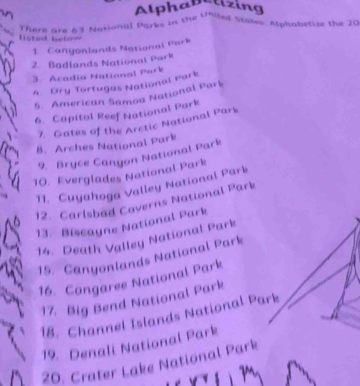 Alphab lizing 
There are 63 National Parks in the United States. Alghabetize the 20
listed betow 
1 Canyonlands National Park 
2. Badlands National Park 
3. Acadia National Park 
4. Ory Tortugas National Park 
5. American Samoa National Parb 
6. Capital Reef National Park 
7. Gates of the Arctic National Pars 
B. Arches National Park 
9. Bryce Canyon National Park 
10. Everglades National Park 
11. Cuyahoga Valley National Park 
12. Carlsbad Caverns National Parb 
13. Biscayne National Park 
14. Death Valley National Park 
15. Canyonlands National Park 
16. Congaree National Park 
17. Big Bend National Park 
18. Channel Islands National Park 
19. Denali National Park 
20. Crater Lake National Park