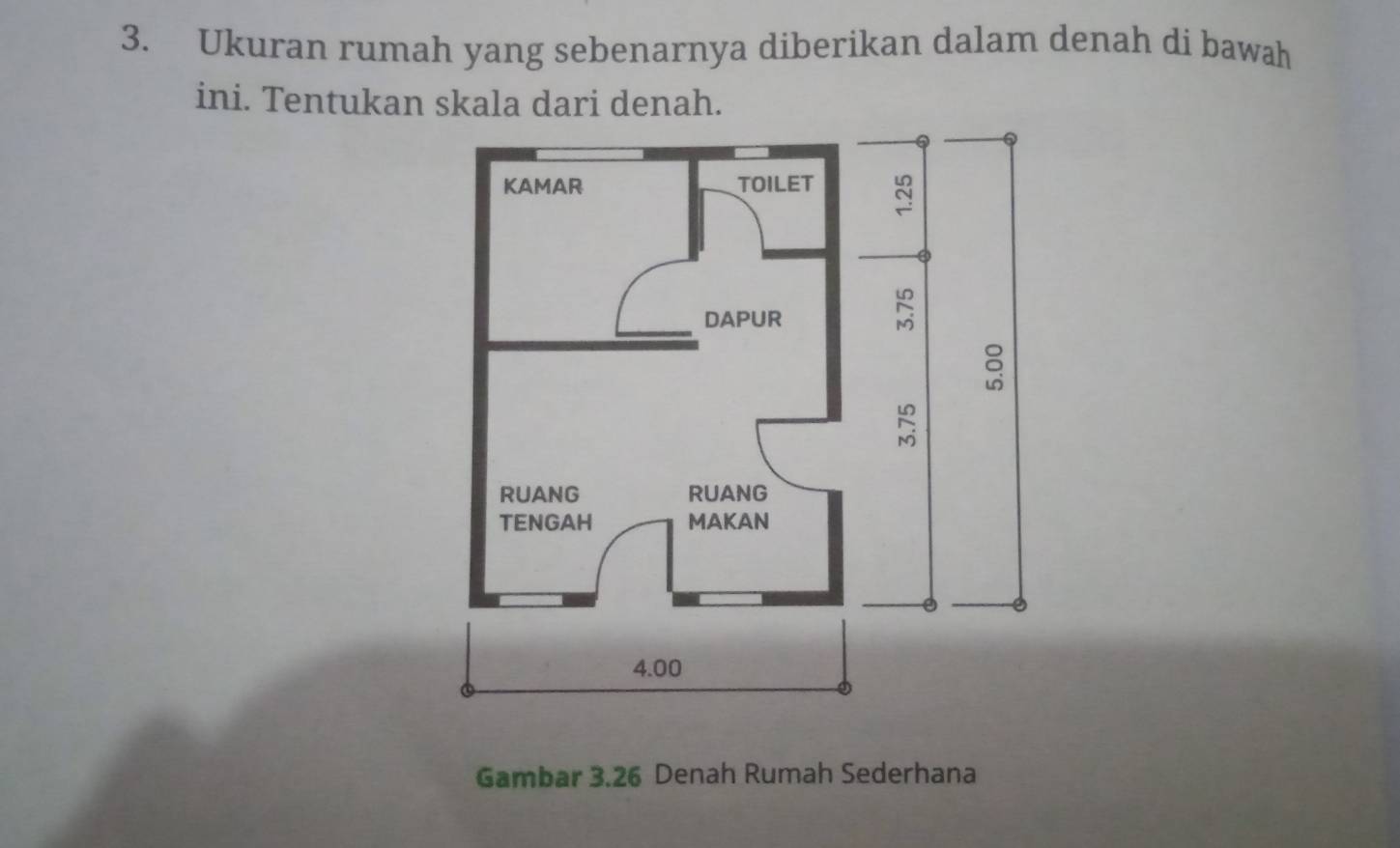 Ukuran rumah yang sebenarnya diberikan dalam denah di bawah 
ini. Tentukan skala dari denah. 
Gambar 3.26 Denah Rumah Sederhana