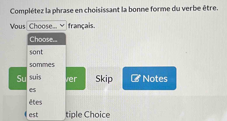 Complétez la phrase en choisissant la bonne forme du verbe être. 
Vous Choose... français. 
Choose... 
sont 
sommes 
Su suis ver Skip Notes 
es 
êtes 
est tiple Choice