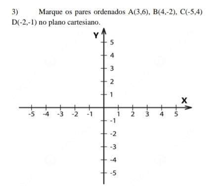 Marque os pares ordenados A(3,6), B(4,-2), C(-5,4)
D(-2,-1) no plano cartesiano.