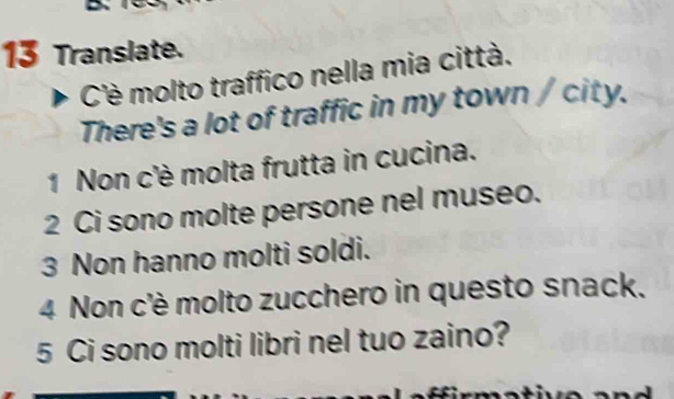 Translate. 
C'è molto traffico nella mia città. 
There's a lot of traffic in my town / city. 
1 Non c'è molta frutta in cucina. 
2 Ci sono molte persone nel museo. 
3 Non hanno molti soldi. 
4 Non c'è molto zucchero in questo snack. 
5 Ci sono molti libri nel tuo zaino?