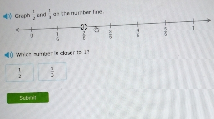 Graph  1/2  and  1/3  on the number line.
Which number is closer to 1?
 1/2   1/3 
Submit