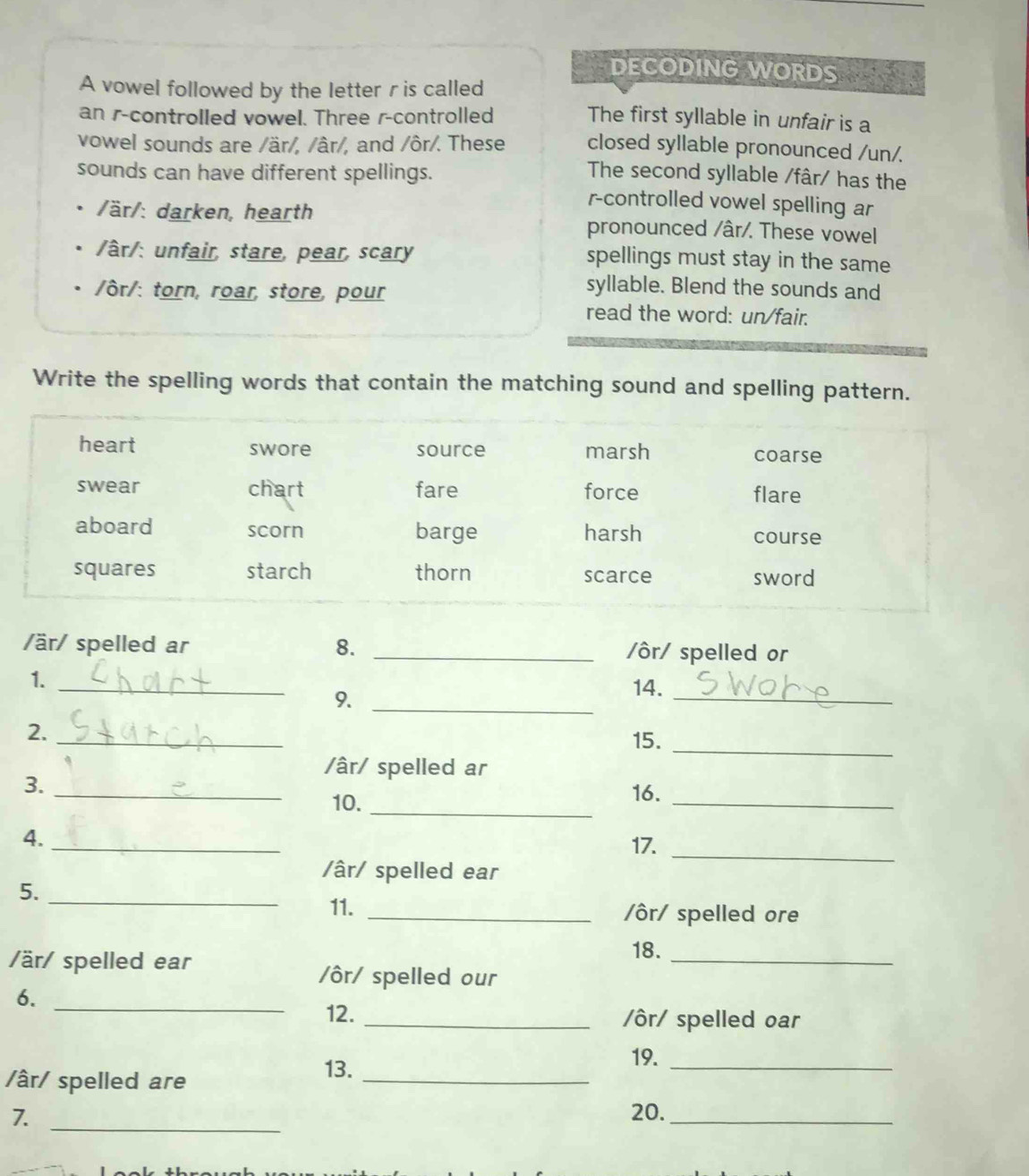 DECODING WORDS
A vowel followed by the letter ris called
an r-controlled vowel. Three r-controlled The first syllable in unfair is a
vowel sounds are /är/, /âr/, and /ôr/. These closed syllable pronounced /un/.
sounds can have different spellings. The second syllable /fâr/ has the
r-controlled vowel spelling ar
/är/: darken, hearth pronounced /âr/. These vowel
/âr/: unfair, stare, pear, scary spellings must stay in the same
/ôr/: torn, roar, store, pour
syllable. Blend the sounds and
read the word: un/fair.
Write the spelling words that contain the matching sound and spelling pattern.
heart swore source marsh coarse
swear chart fare force flare
aboard scorn barge harsh course
squares starch thorn scarce sword
/är/ spelled ar 8. _/ôr/ spelled or
_
1.
9._
14.
_
_
2._
15.
/âr/ spelled ar
3._
10._
16._
4._
17._
/âr/ spelled ear
5._
11. _/ôr/ spelled ore
/är/ spelled ear
18._
/ôr/ spelled our
6._
12. _/ôr/ spelled oar
19._
/âr/ spelled are
13._
7._
20._