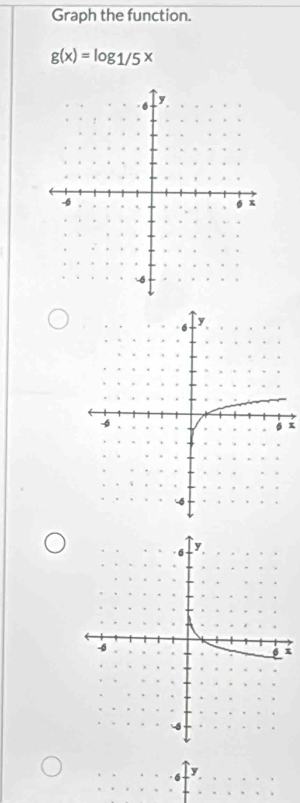 Graph the function.
g(x)=log 1/5x
x
x