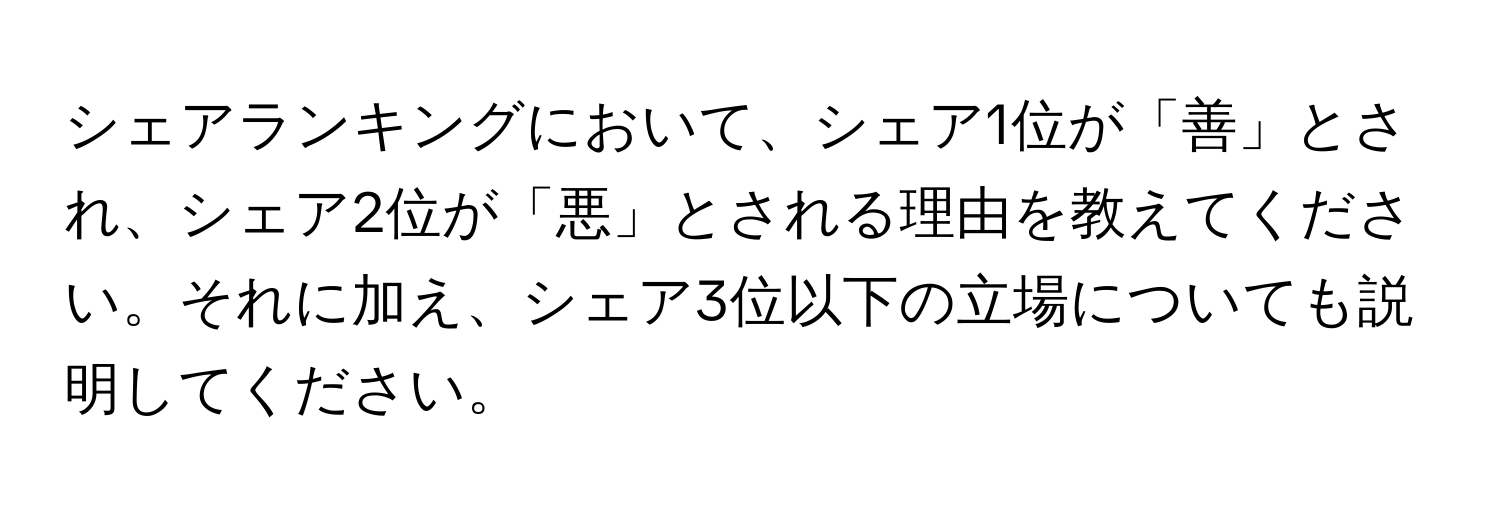 シェアランキングにおいて、シェア1位が「善」とされ、シェア2位が「悪」とされる理由を教えてください。それに加え、シェア3位以下の立場についても説明してください。