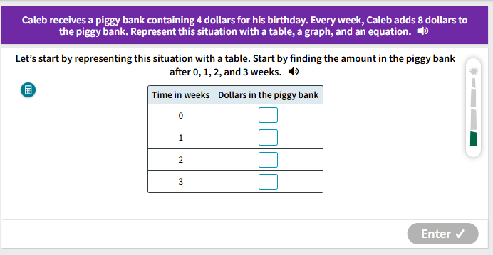 Caleb receives a piggy bank containing 4 dollars for his birthday. Every week, Caleb adds 8 dollars to
the piggy bank. Represent this situation with a table, a graph, and an equation. 
Let’s start by representing this situation with a table. Start by finding the amount in the piggy bank
after 0, 1, 2, and 3 weeks.

Enter