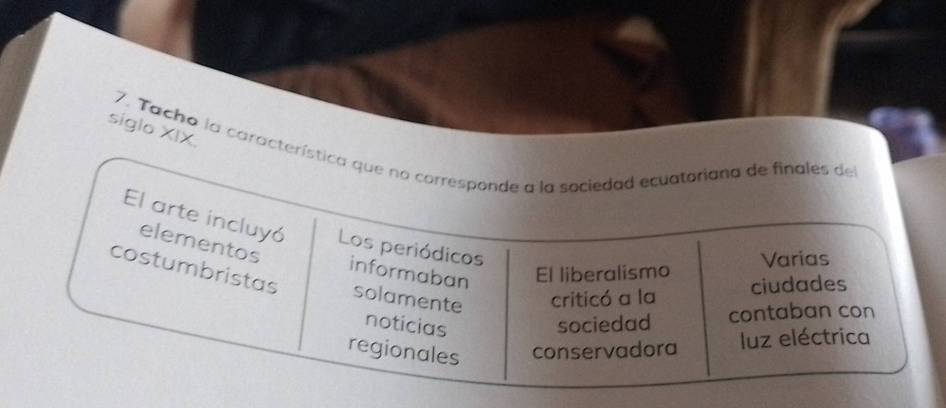 siglo XIX.
7. Tacho la característica que no corresponde a la sociedad ecuatoriana de finales del
El arte incluyó Los periódicos
elementos
informaban El liberalismo
Varias
costumbristas solamente
ciudades
criticó a la
noticias sociedad contaban con
regionales conservadora luz eléctrica