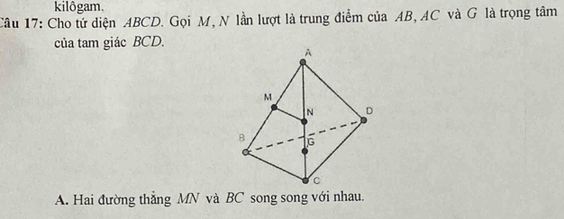 kilôgam.
Câu 17: Cho tứ diện ABCD. Gọi M, N lần lượt là trung điểm của AB, AC và G là trọng tâm
của tam giác BCD.
A. Hai đường thẳng MN và BC song song với nhau.