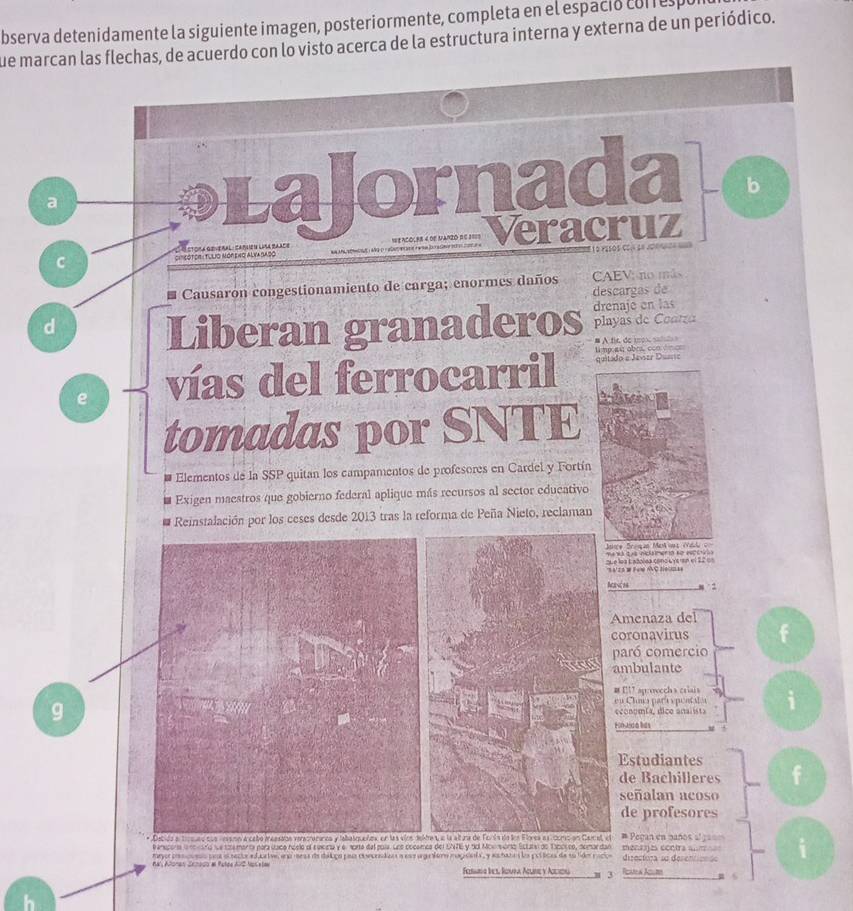 bserva detenidamente la siguiente imagen, posteriormente, completa en el espació coresp 
que marcan las flechas, de acuerdo con lo visto acerca de la estructura interna y externa de un periódico. 
a 
D LaJornada b 
==== Acoles 4 de vanzó de 1=== Veracruz 
C CSotora:Tulo Móreno Alya sado 
* Causaron congestionamiento de carga; enormes daños CAEVano más 
descargas de 
d 
Liberan granaderos drenaje en las playas de Coatza 
# A tie de mox sald s me as obos con c 
e vías del ferrocarril quitado e Javer D== 
tomadas por SNTE 
* Elementos de la SSP quitan los campamentos de profesores en Cardel y Fortín 
* Exigen maestros que gobierno federal aplique más recursos al sector educativo 
# Reinstalación por los ceses desde 2013 tras la reforma de Peña Nieto, reclaman 
t e t 
Nanch 
Amenaza del 
coronavirus f 
paró comercio 
ambulante 
# E7 agswocch s criais 
geconomia, dice analista i 
en Clana parí e pentales 
FonJid a s 
Estudiantes 
de Bachilleres f 
señalan acoso 
de profesores 
el # Pegan en paños al mecores contra am i 
Perspora i nocara se caementa para csco ncelo ol eaenta y el sorto del pala. Loe cocomca del UNTL y de Movnworto Sctate do Tpcceo, domardan 
tayor poscueo po s secte a ortve, emo iesa de dalço pa covcnsdao a ese ugarier magcsna , y estates la poláicas da su lde racces dizectora so desentionão 
Ferana Iel Ronna Acure y Acciog ③ Ricatea Aure .