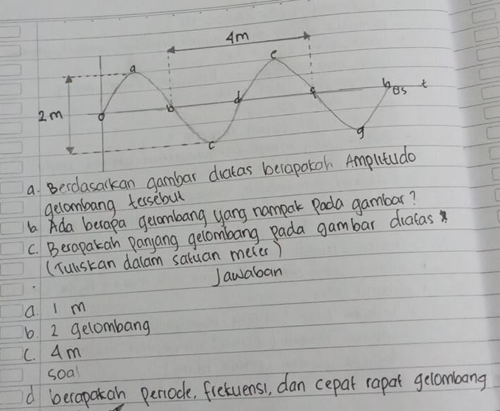 a Beroasarkan gambar diata 
gelombang tessebut 
6. Ada berapa gelombang yang nampar Pada gambar? 
C. Becapakan Panjang gelombang pada gambar diatas 
(Tulskan dalam satuan meter) 
Jawaban 
a. Im 
b. 2 gelombang 
C. Am 
soal 
d berapakan periode, frekuens1, dan cepat rapar gelombong