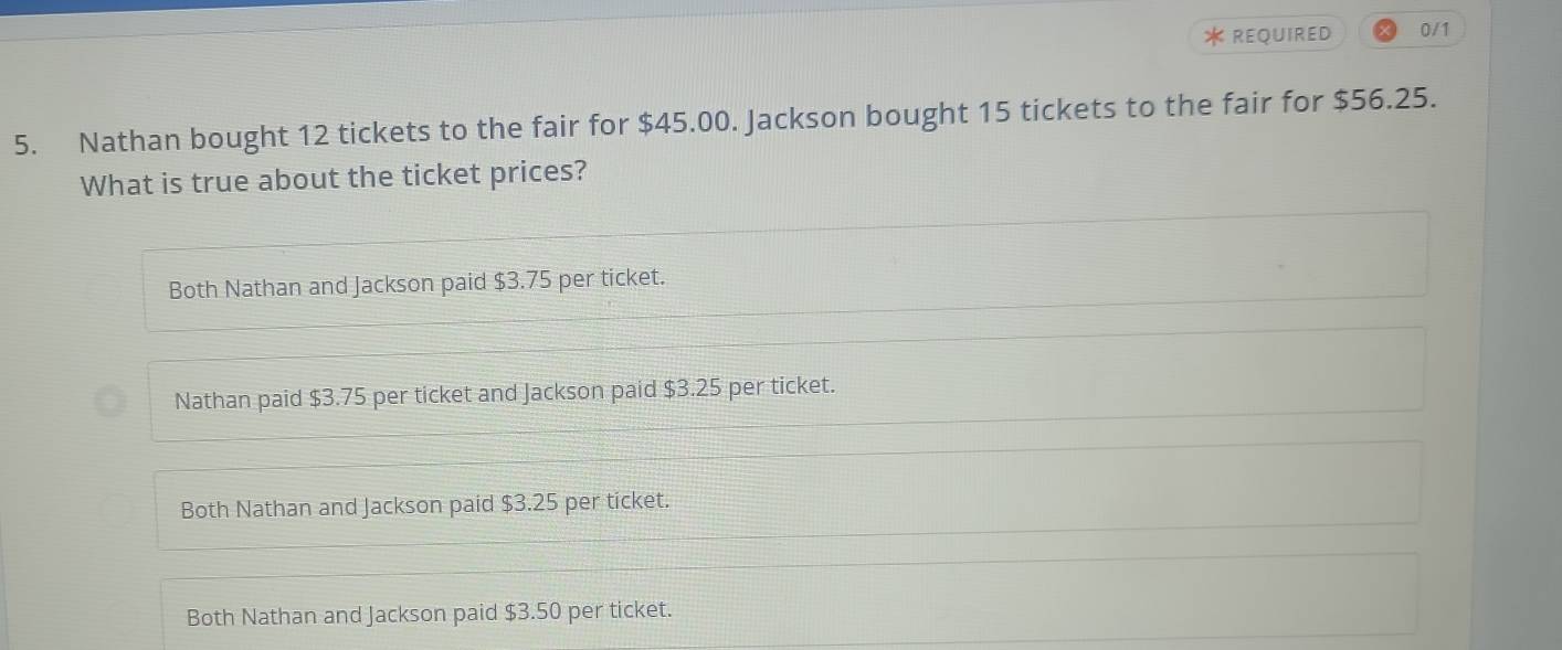 REQUIRED 0/1
5. Nathan bought 12 tickets to the fair for $45.00. Jackson bought 15 tickets to the fair for $56.25.
What is true about the ticket prices?
Both Nathan and Jackson paid $3.75 per ticket.
Nathan paid $3.75 per ticket and Jackson paid $3.25 per ticket.
Both Nathan and Jackson paid $3.25 per ticket.
Both Nathan and Jackson paid $3.50 per ticket.