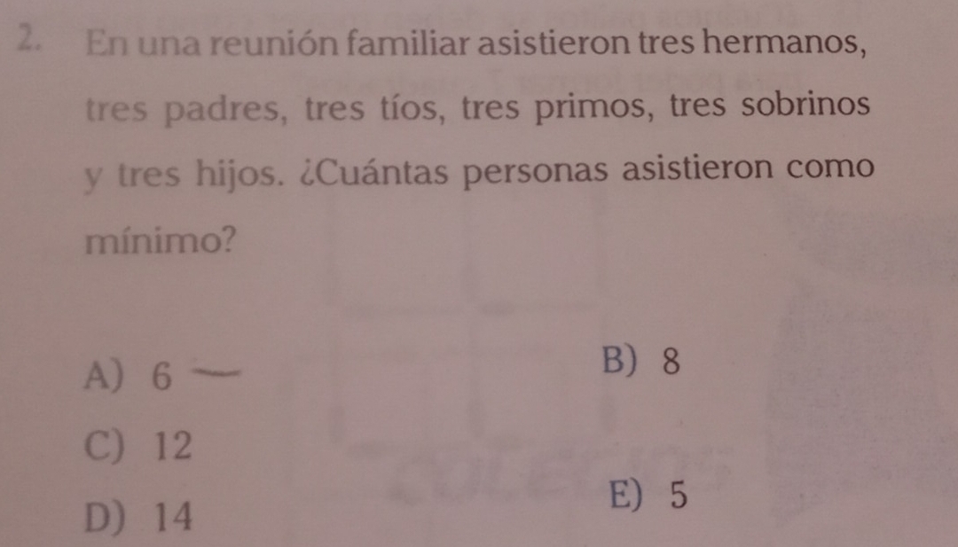 En una reunión familiar asistieron tres hermanos,
tres padres, tres tíos, tres primos, tres sobrinos
y tres hijos. ¿Cuántas personas asistieron como
mínimo?
A 6
B 8
C) 12
D 14
E) 5