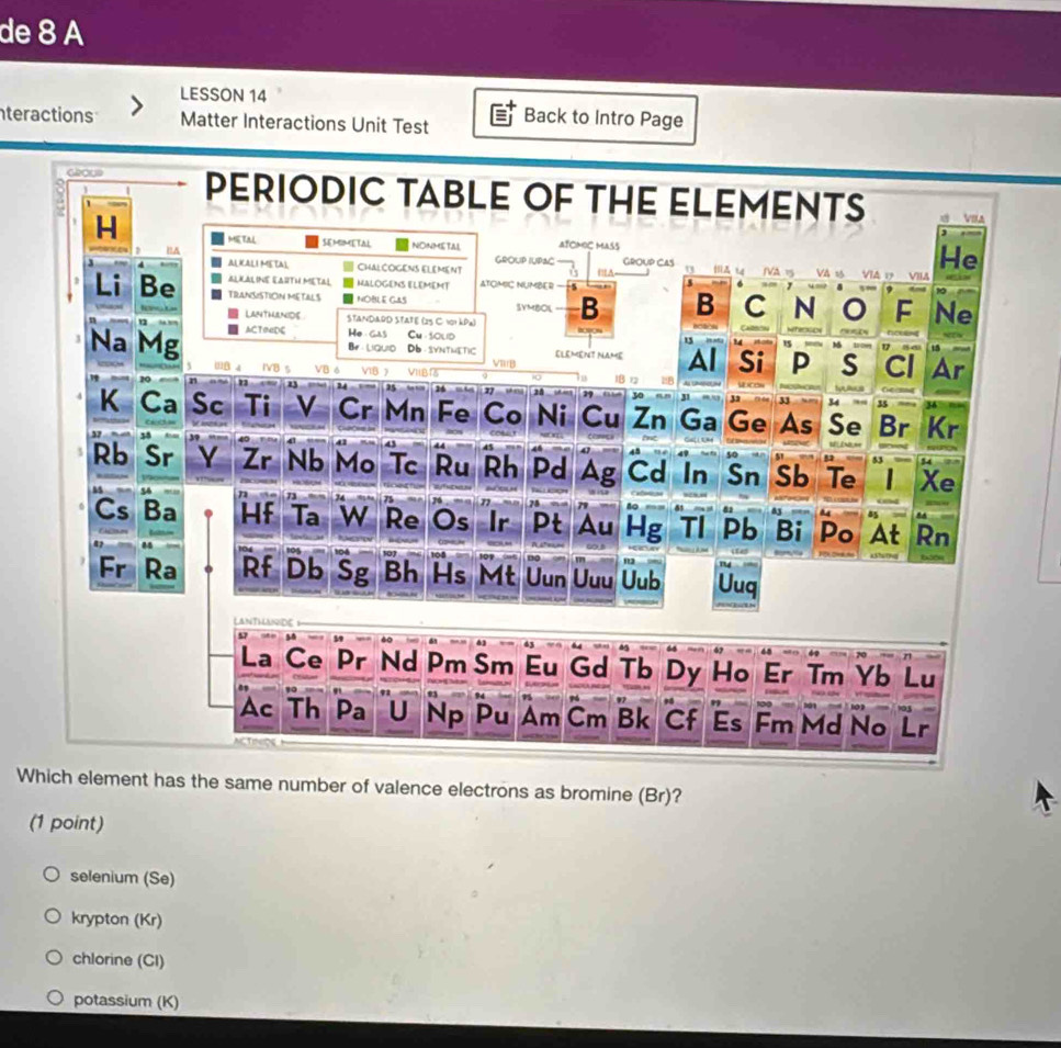 de 8 A
LESSON 14
teractions Matter Interactions Unit Test Back to Intro Page
Which element has the same number of valence electrons as bromine (Br)?
(1 point)
selenium (Se)
krypton (Kr)
chlorine (CI)
potassium (K)