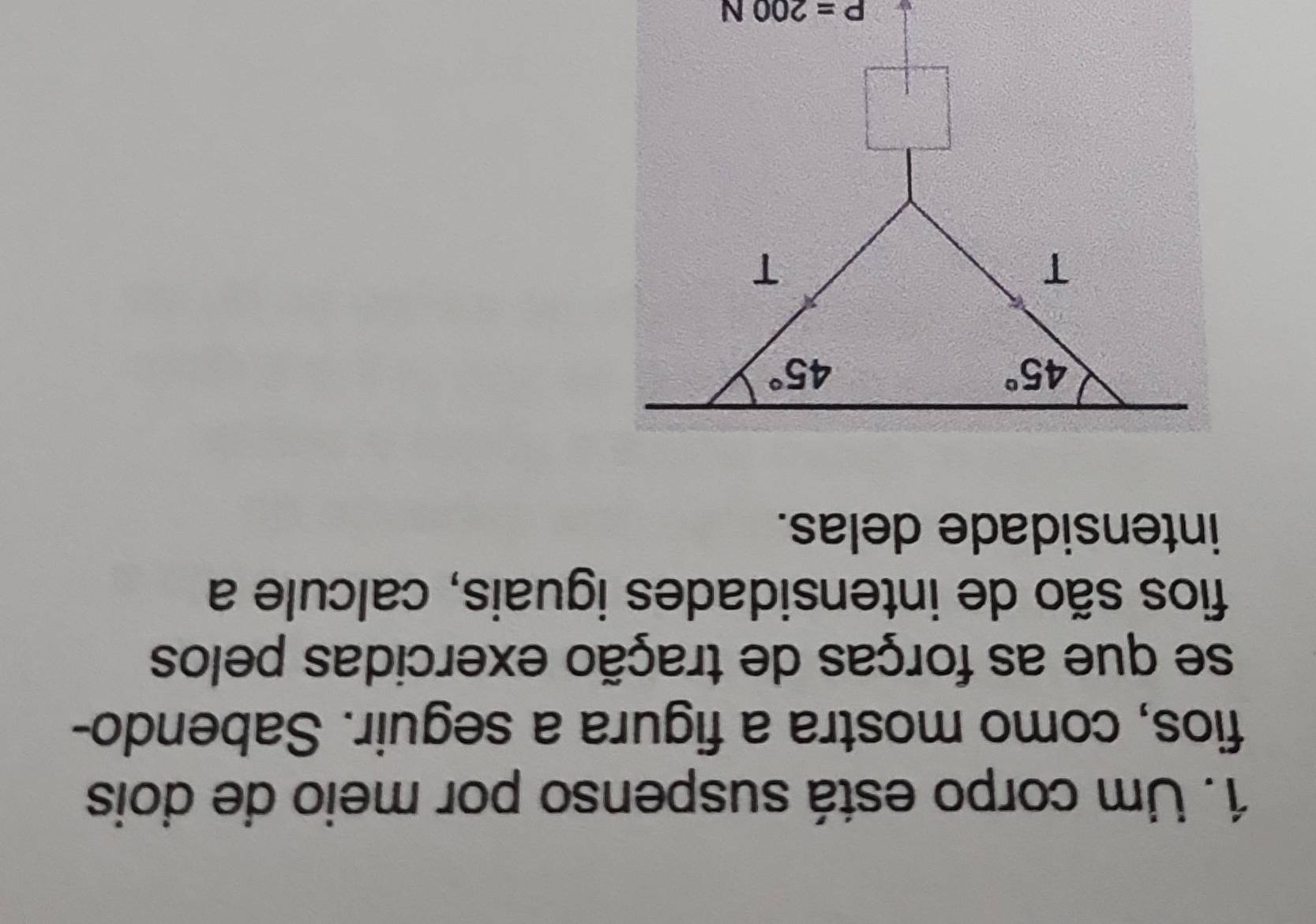 Um corpo está suspenso por meio de dois
fios, como mostra a figura a seguir. Sabendo-
se que as forças de tração exercidas pelos
fios são de intensidades iguais, calcule a
intensidade delas.
P=200N