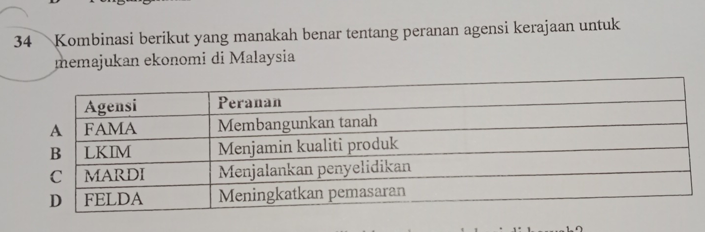 Kombinasi berikut yang manakah benar tentang peranan agensi kerajaan untuk 
memajukan ekonomi di Malaysia