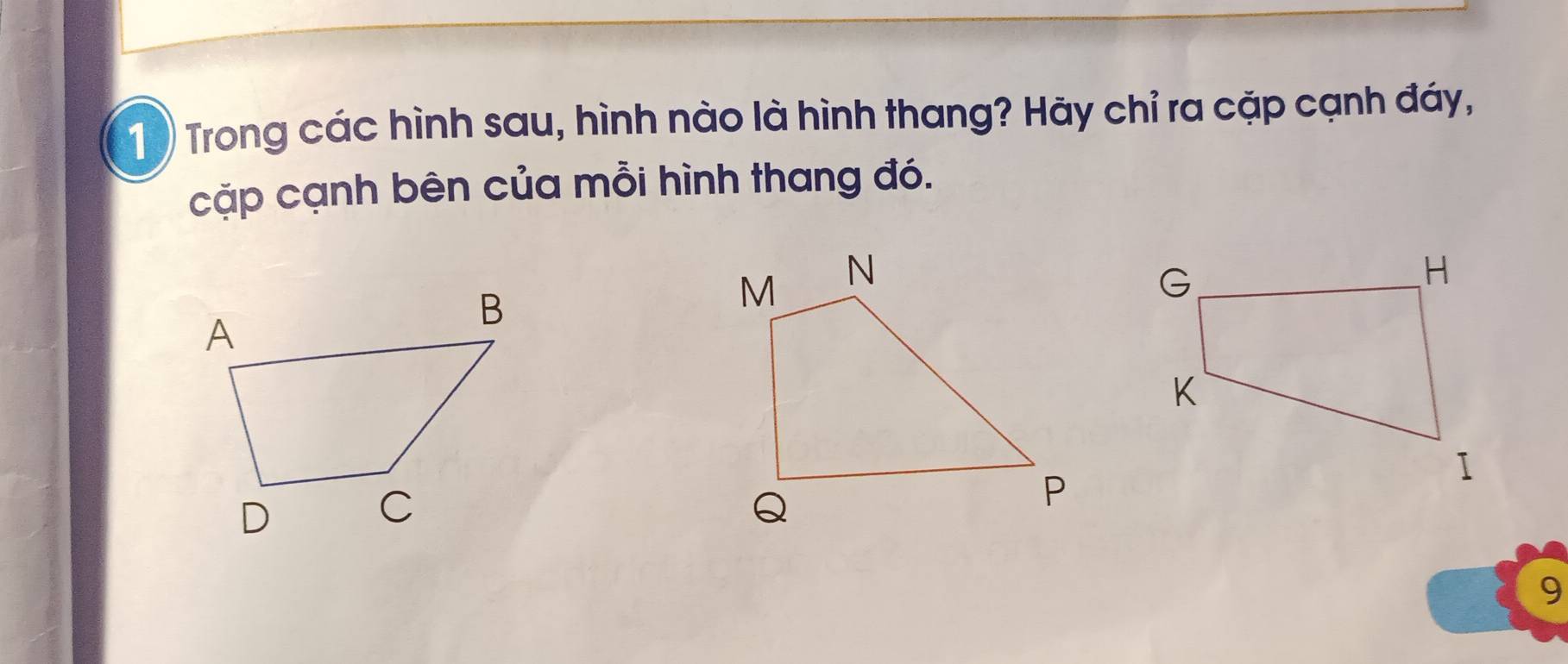 Trong các hình sau, hình nào là hình thang? Hãy chỉ ra cặp cạnh đáy, 
cặp cạnh bên của mỗi hình thang đó. 
9