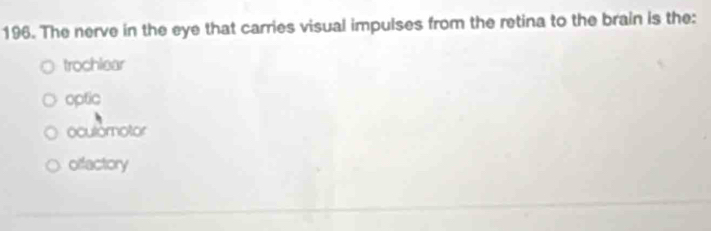 The nerve in the eye that carries visual impulses from the retina to the brain is the:
trochlear
optic
oculómotor
offactory