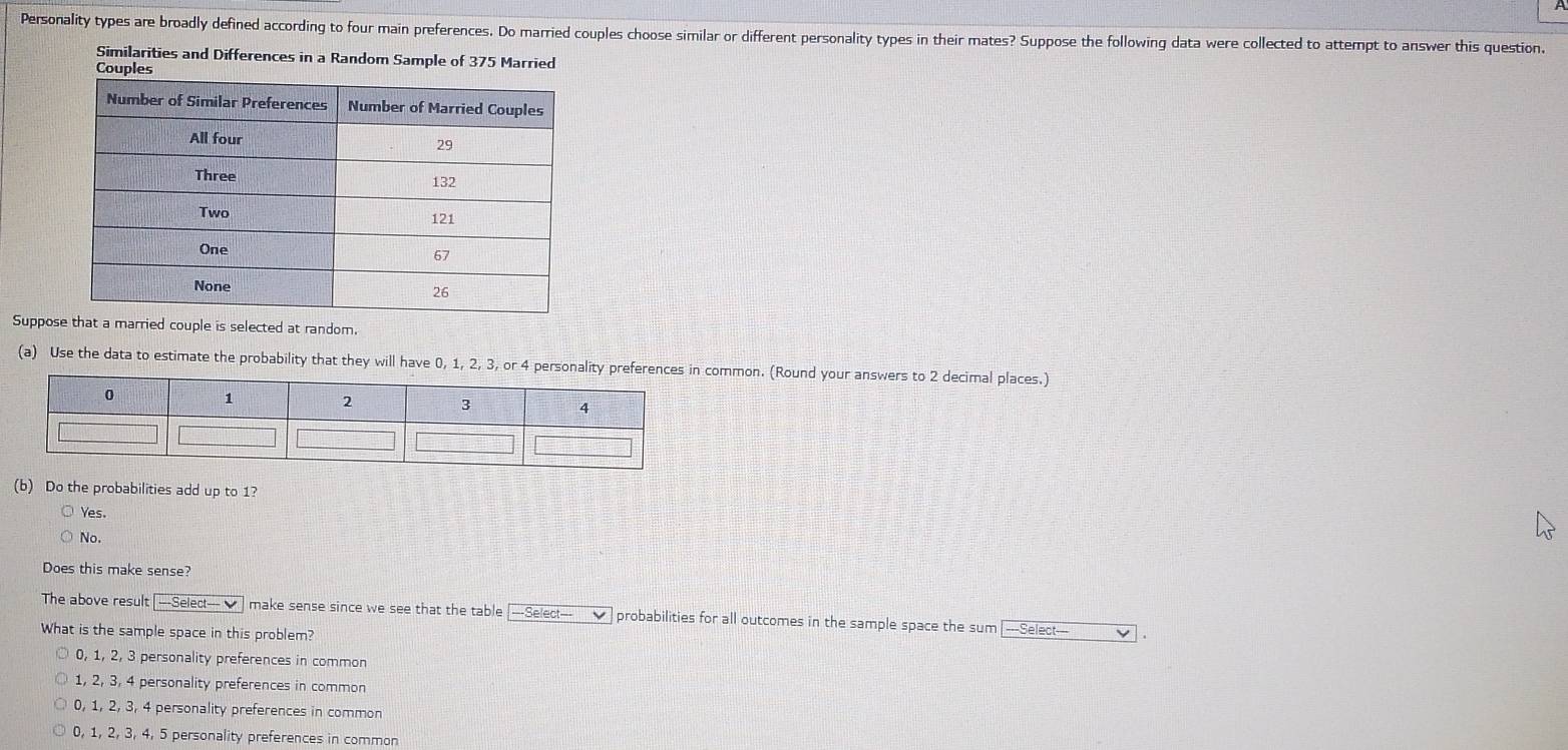 Personality types are broadly defined according to four main preferences. Do married couples choose similar or different personality types in their mates? Suppose the following data were collected to attempt to answer this question.
Similarities and Differences in a Random Sample of 375 Married
Couples
Supposa married couple is selected at random.
(a) Use the data to estimate the probability that they will have 0, 1, 2, 3, or 4 personality preferences iommon. (Round your answers to 2 decimal places.)
(b) Do the probabilities add up to 1?
Yes.
No.
Does this make sense?
The above result -Select- ν make sense since we see that the table [-Select-- probabilities for all outcomes in the sample space the sum [---Select---
What is the sample space in this problem?
0, 1, 2, 3 personality preferences in common
1, 2, 3, 4 personality preferences in common
0, 1, 2, 3, 4 personality preferences in common
0, 1, 2, 3, 4, 5 personality preferences in common