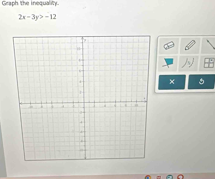 Graph the inequality.
2x-3y>-12
×