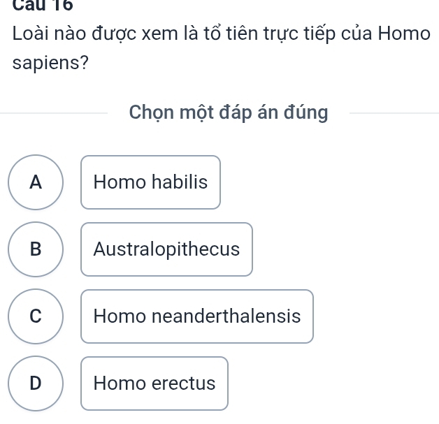 Loài nào được xem là tổ tiên trực tiếp của Homo
sapiens?
Chọn một đáp án đúng
A Homo habilis
B Australopithecus
C Homo neanderthalensis
D Homo erectus