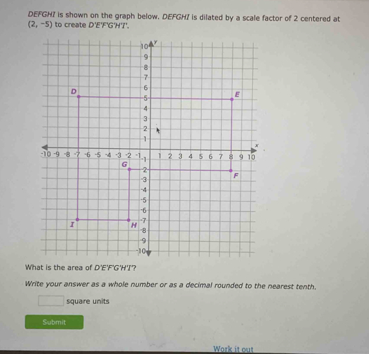 DEFGHI is shown on the graph below. DEFGHI is dilated by a scale factor ...
