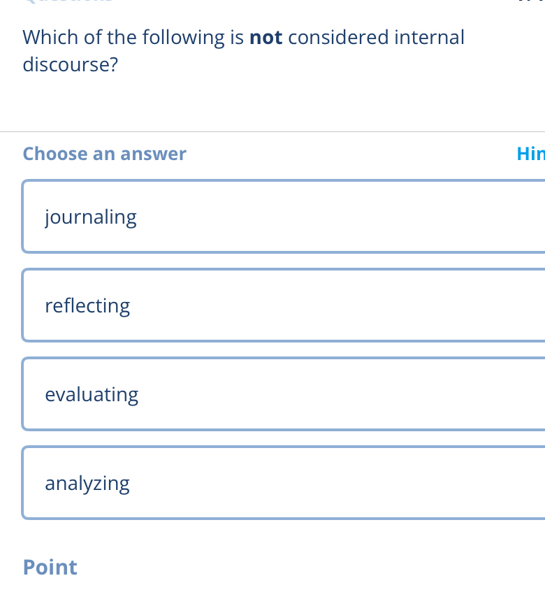 Which of the following is not considered internal
discourse?
Choose an answer Hin
journaling
reflecting
evaluating
analyzing
Point