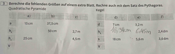 Berechne die fehlenden Größen auf einem extra Blatt. Rechne auch mit dem Satz des Pythagoras.
Quadratische Pyramide Kegel