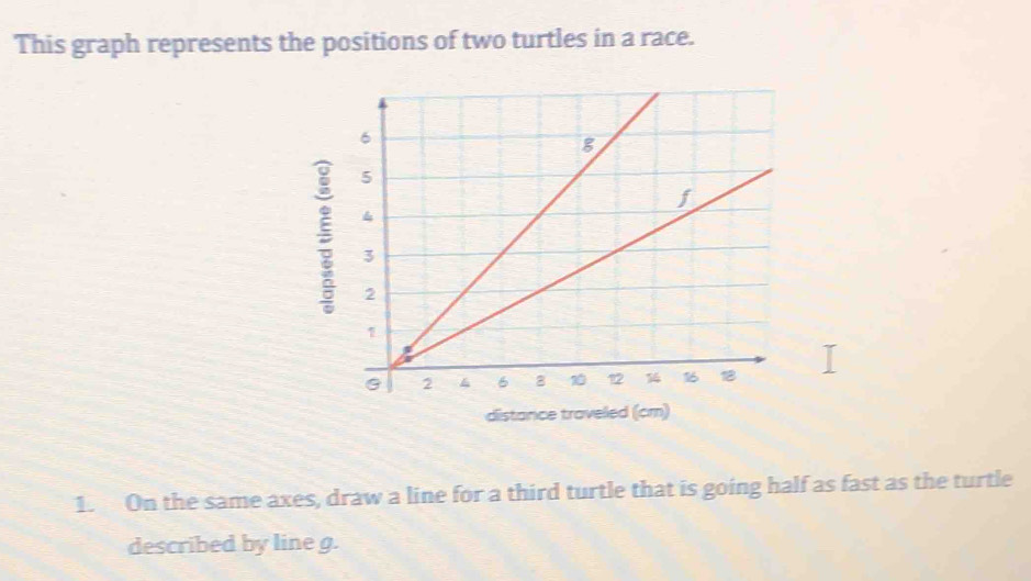 This graph represents the positions of two turtles in a race. 
5 
distance traveled (cm) 
1. On the same axes, draw a line for a third turtle that is going half as fast as the turtle 
described by line g.