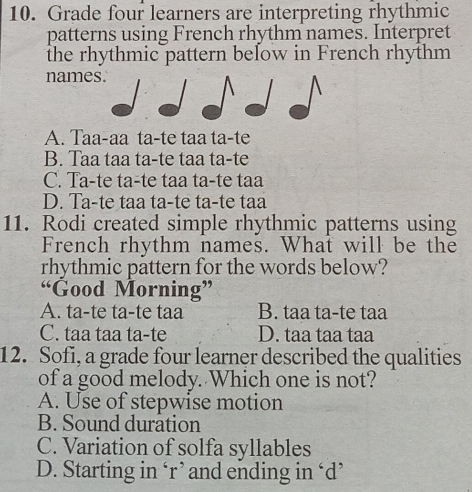 Solved: Grade four learners are interpreting rhythmic patterns using ...