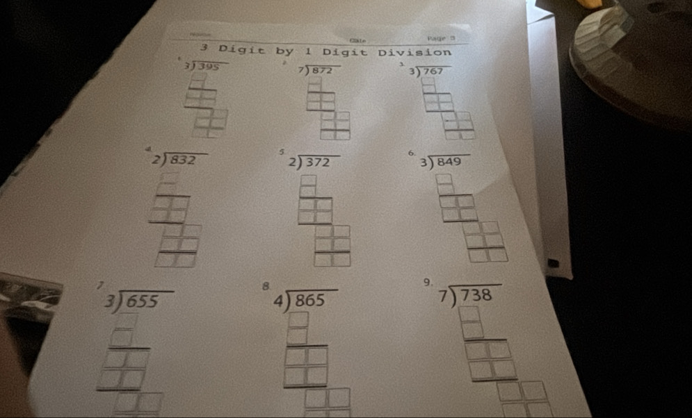 Clate Pagr 3
it by 1 Digit Division
beginarrayr -10.5 -100% = 7/80  hline -100 hline =frac -10 0.12□  -1□  hline □ endarray 6
beginarrayr □ □  -9encloselongdiv 45.3 -□ □  hline -□ □  hline -□ □ □ .36 beginarrayr □ □ □  -□ □  hline □ endarray beginarrayr 4encloselongdiv 1805 _  □ /□   _  □ /□   _ □ endarray