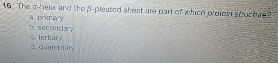 The α -helix and the β -pleated sheet are part of which protein structure?
a. primary
b. secondary
c. tertiary
d. quaternary