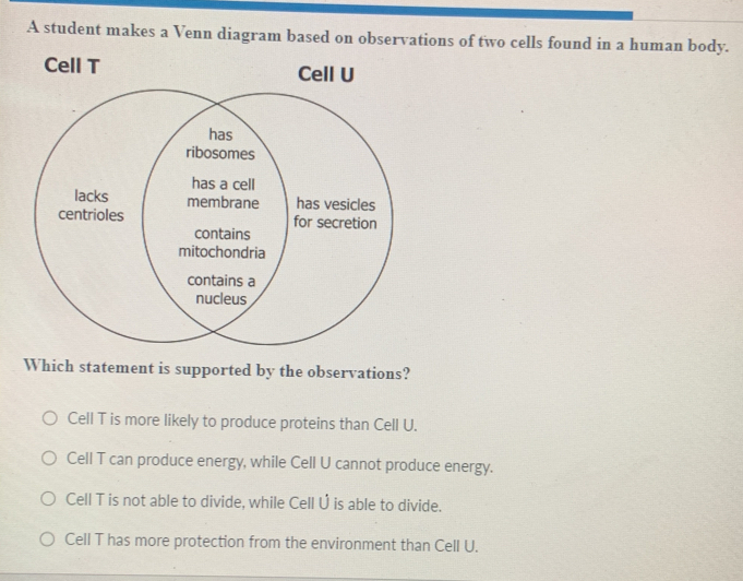 A student makes a Venn diagram based on observations of two cells found in a human body.
Cell T Cell U
Which statement is supported by the observations?
Cell T is more likely to produce proteins than Cell U.
Cell T can produce energy, while Cell U cannot produce energy.
Cell T is not able to divide, while Cell Ú is able to divide.
Cell T has more protection from the environment than Cell U.