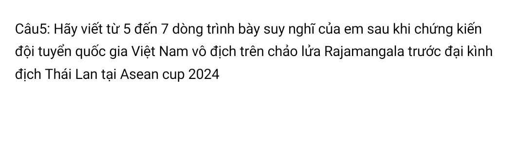 Hãy viết từ 5 đến 7 dòng trình bày suy nghĩ của em sau khi chứng kiến 
đội tuyển quốc gia Việt Nam vô địch trên chảo lửa Rajamangala trước đại kình 
địch Thái Lan tại Asean cup 2024