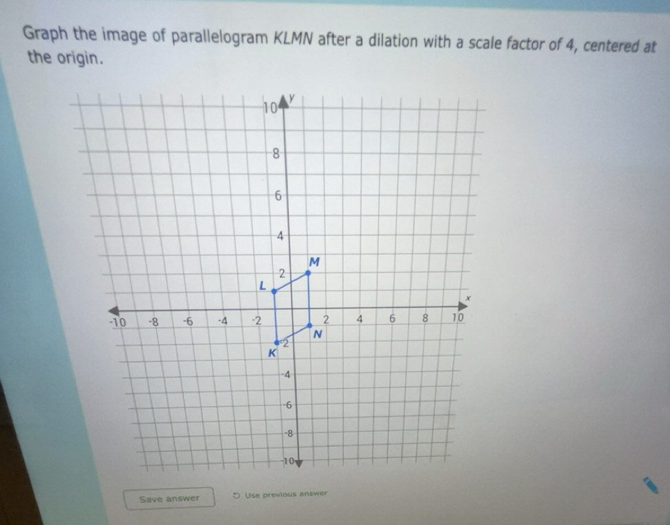 Solved: Graph the image of parallelogram KLMN after a dilation with a ...