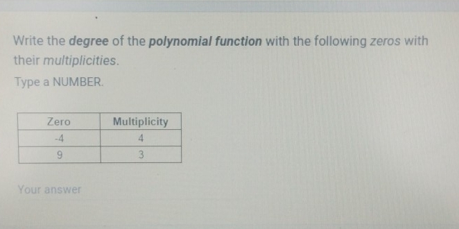 Write the degree of the polynomial function with the following zeros with 
their multiplicities. 
Type a NUMBER. 
Your answer